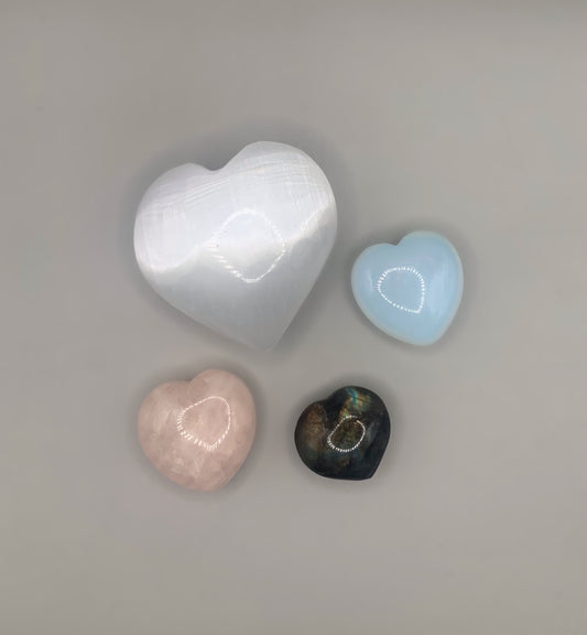 Crystal Hearts in Rose Quartz, Opalite, Labradorite and Satin Spar (Selenite)
